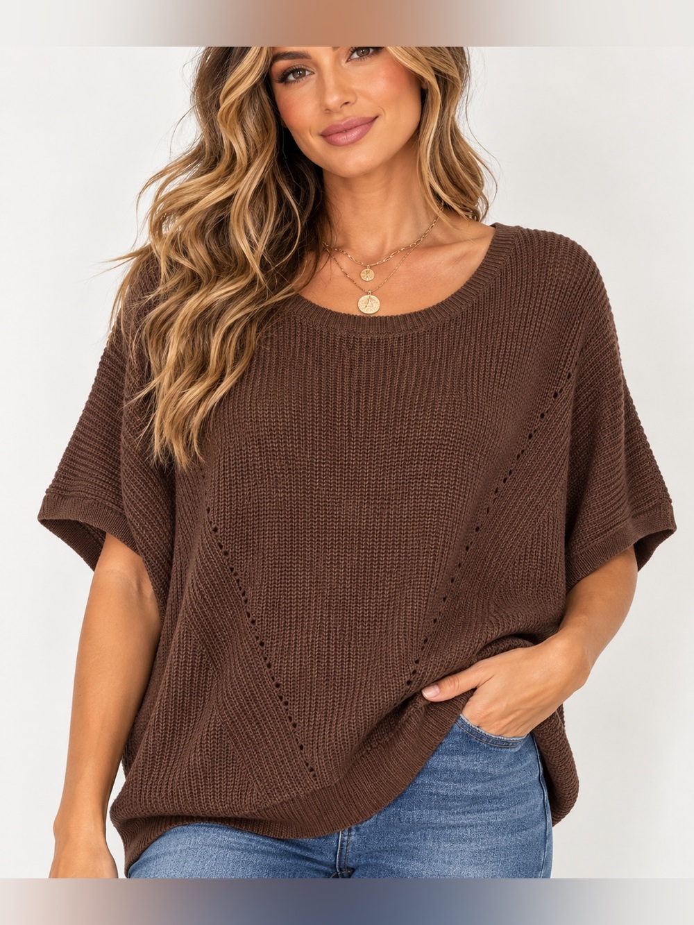 Dokotoo NWT Cozy Relaxed Knit Sweater Brown Oversized short sleeve fall boho 2XL